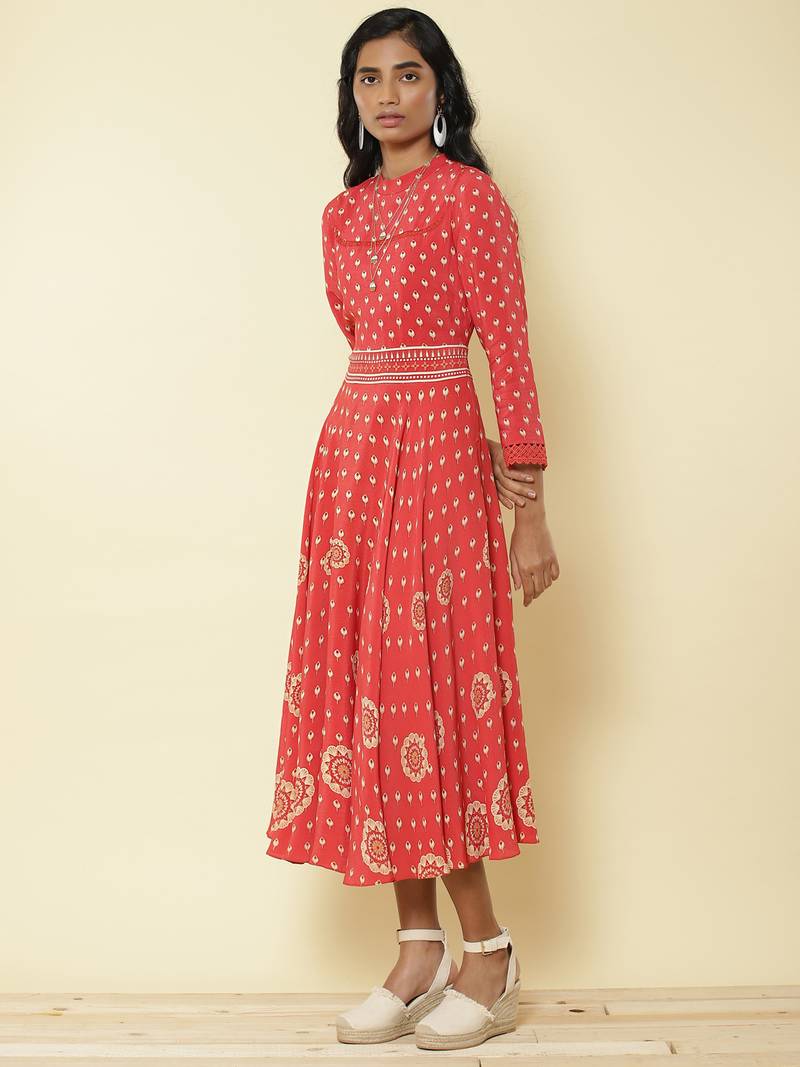 Band Collar 3/4Th Sleeves Printed Long Dress