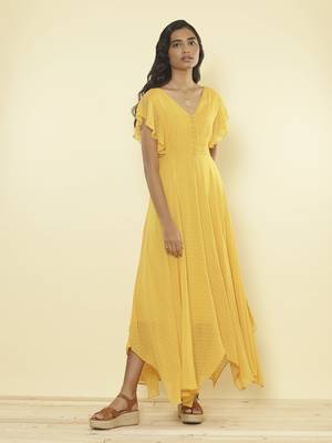 V Neck Ruffled Sleeves Solid Long Dress 1