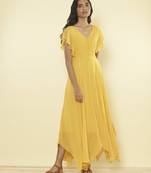 V Neck Ruffled Sleeves Solid Long Dress