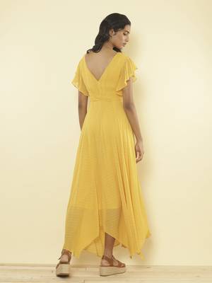 V Neck Ruffled Sleeves Solid Long Dress 2