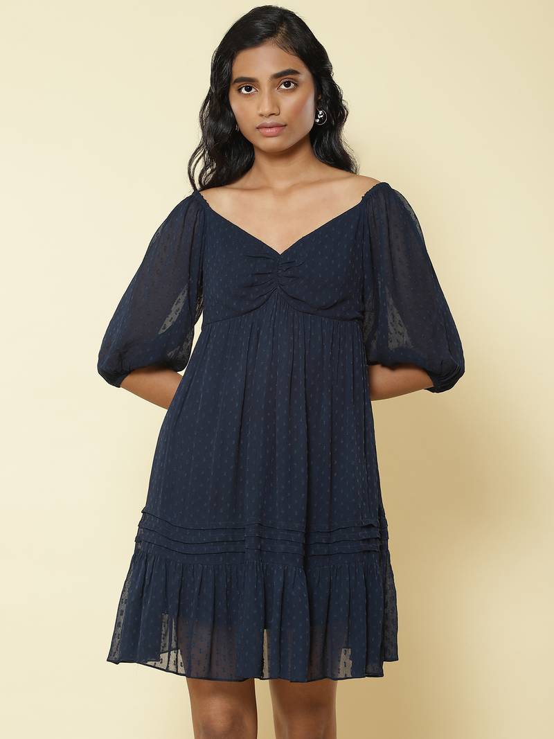 Sweetheart Neck 3/4Th Sleeves Solid Short Dress