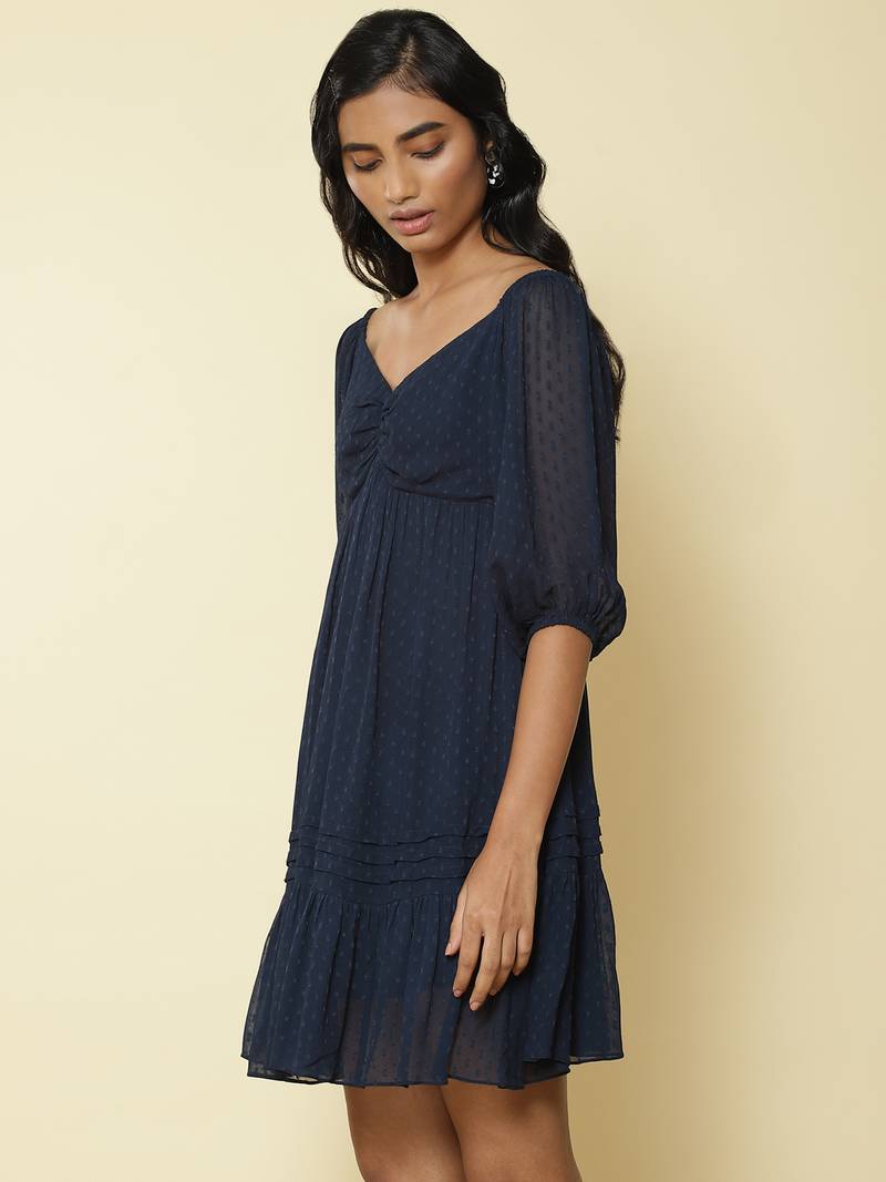 Sweetheart Neck 3/4Th Sleeves Solid Short Dress
