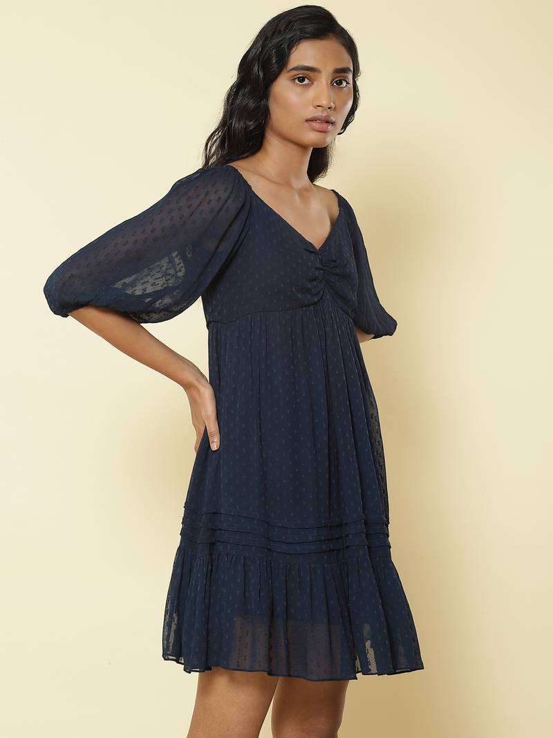 Sweetheart Neck 3/4Th Sleeves Solid Short Dress