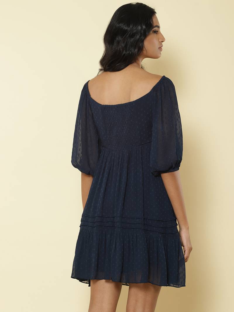 Sweetheart Neck 3/4Th Sleeves Solid Short Dress