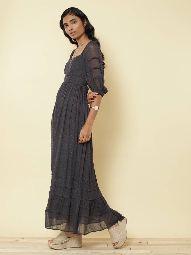 Sweetheart Neck Half Sleeves Solid Long Dress