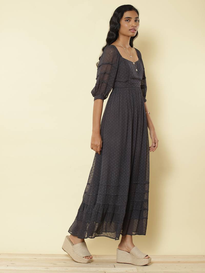 Sweetheart Neck Half Sleeves Solid Long Dress