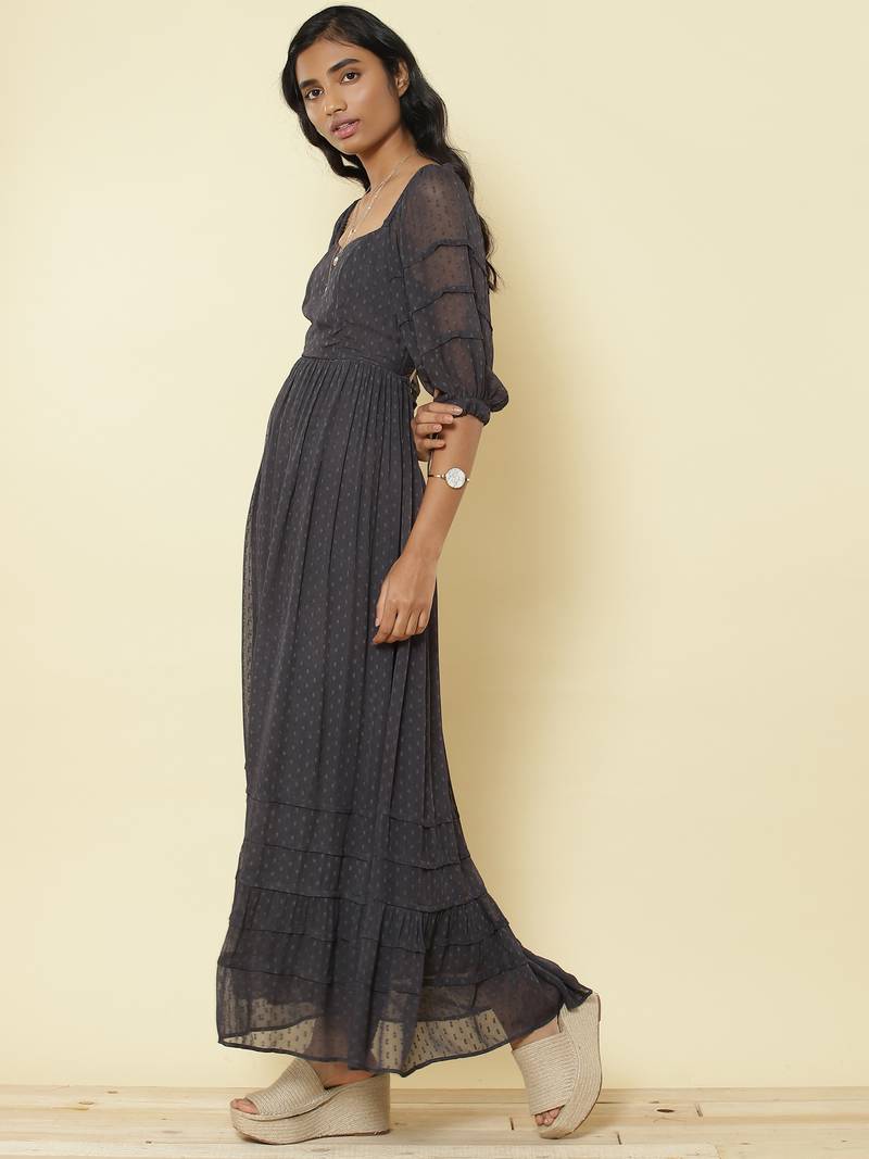 Sweetheart Neck Half Sleeves Solid Long Dress
