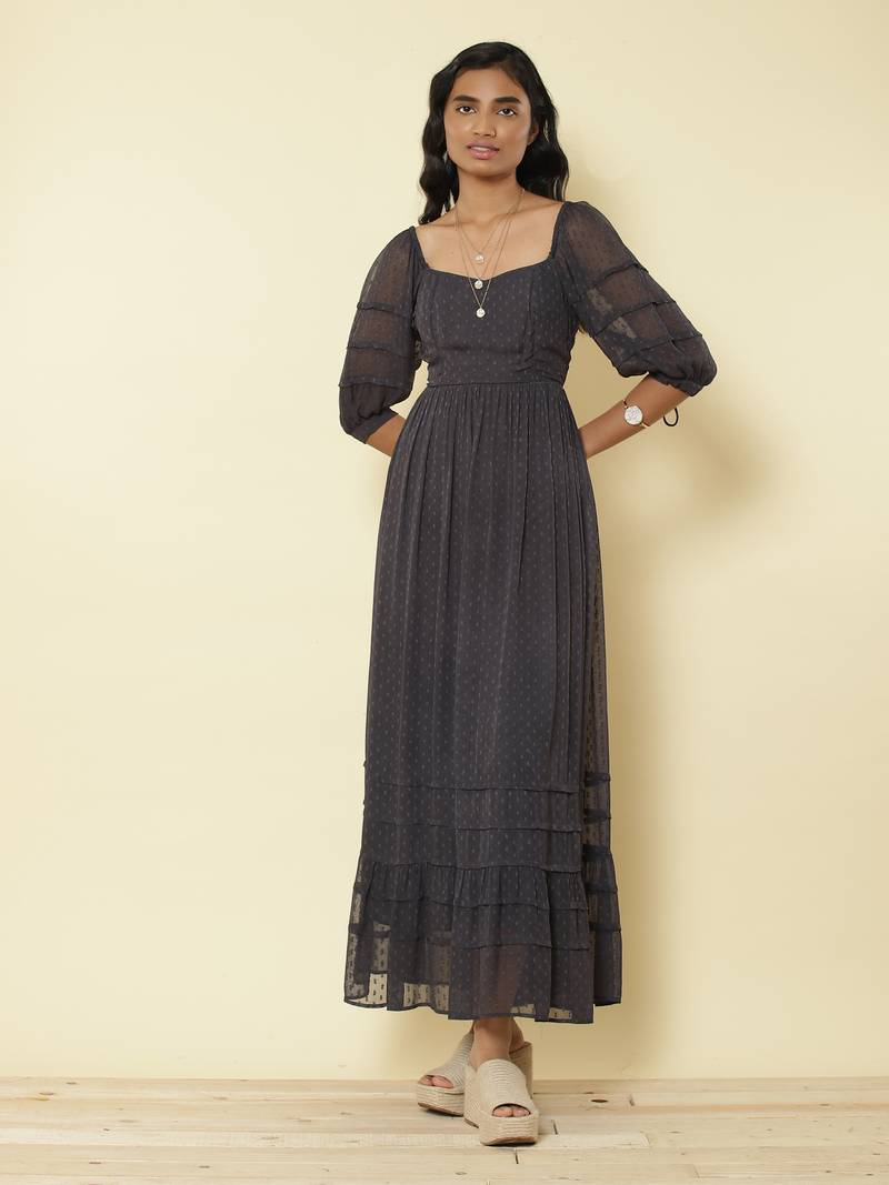 Sweetheart Neck Half Sleeves Solid Long Dress