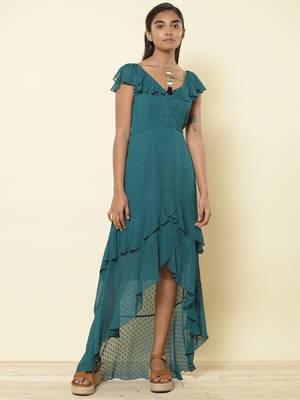 Ruffled V Neck Sleeveless Solid Long Dress 1