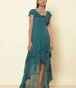 Ruffled V Neck Sleeveless Solid Long Dress