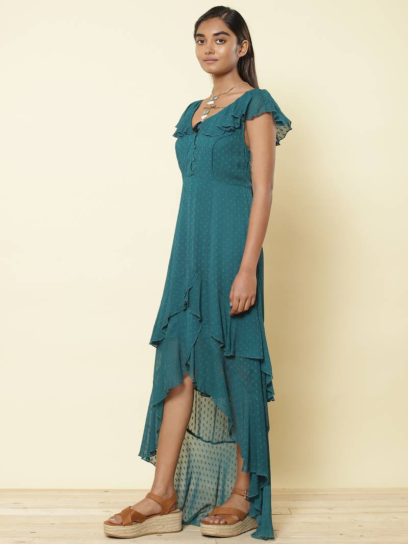 Ruffled V Neck Sleeveless Solid Long Dress