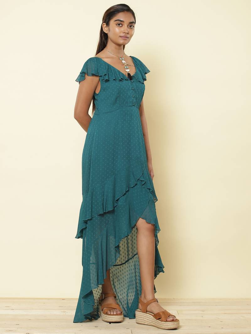 Ruffled V Neck Sleeveless Solid Long Dress