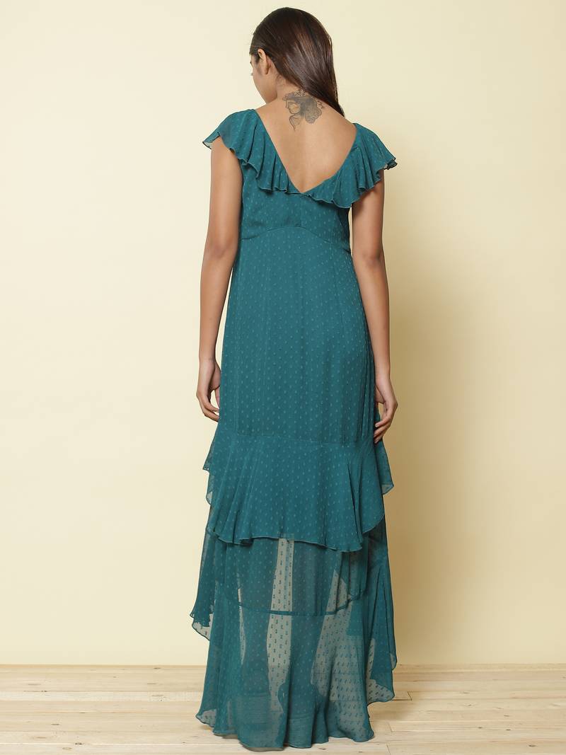 Ruffled V Neck Sleeveless Solid Long Dress