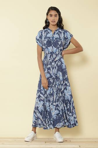 Mandrain Collar Half Sleeves Printed Long Shirt Dress