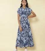 Mandrain Collar Half Sleeves Printed Long Shirt Dress