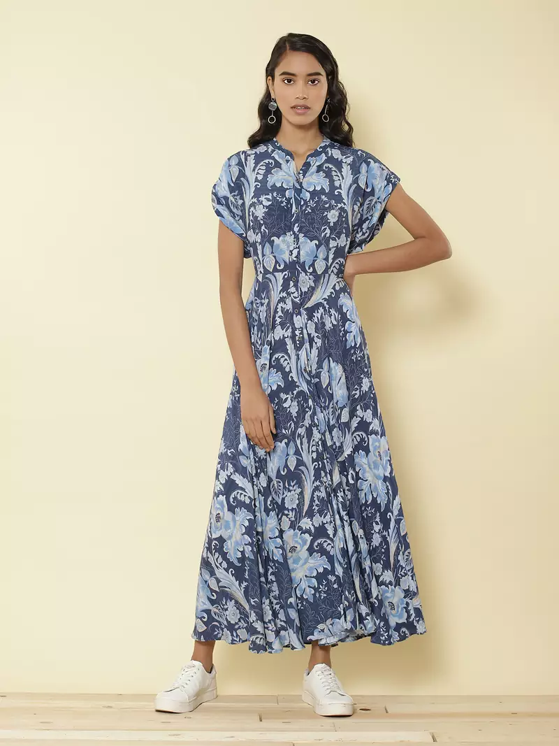 Mandrain Collar Half Sleeves Printed Long Shirt Dress