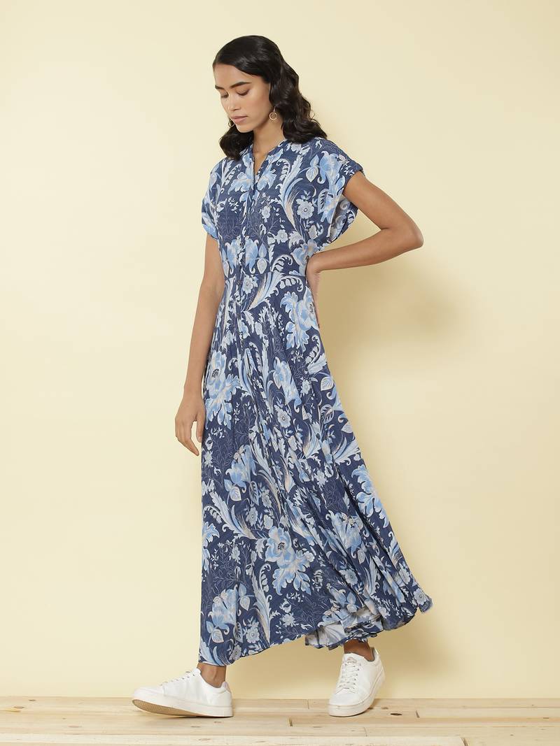 Mandrain Collar Half Sleeves Printed Long Shirt Dress