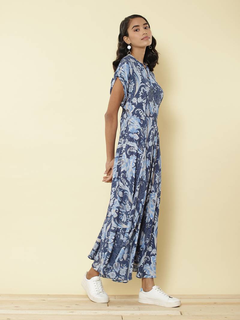 Mandrain Collar Half Sleeves Printed Long Shirt Dress