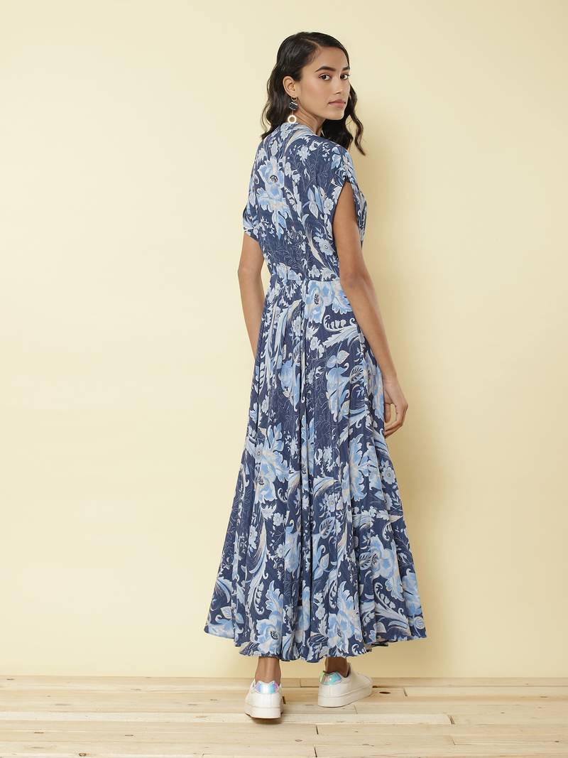 Mandrain Collar Half Sleeves Printed Long Shirt Dress