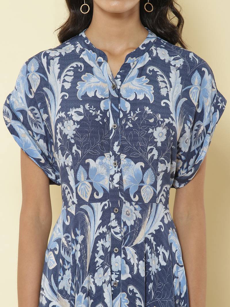 Mandrain Collar Half Sleeves Printed Long Shirt Dress