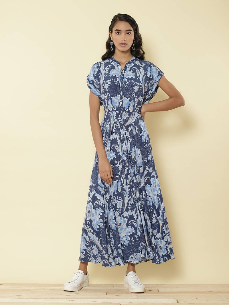 Mandrain Collar Half Sleeves Printed Long Shirt Dress