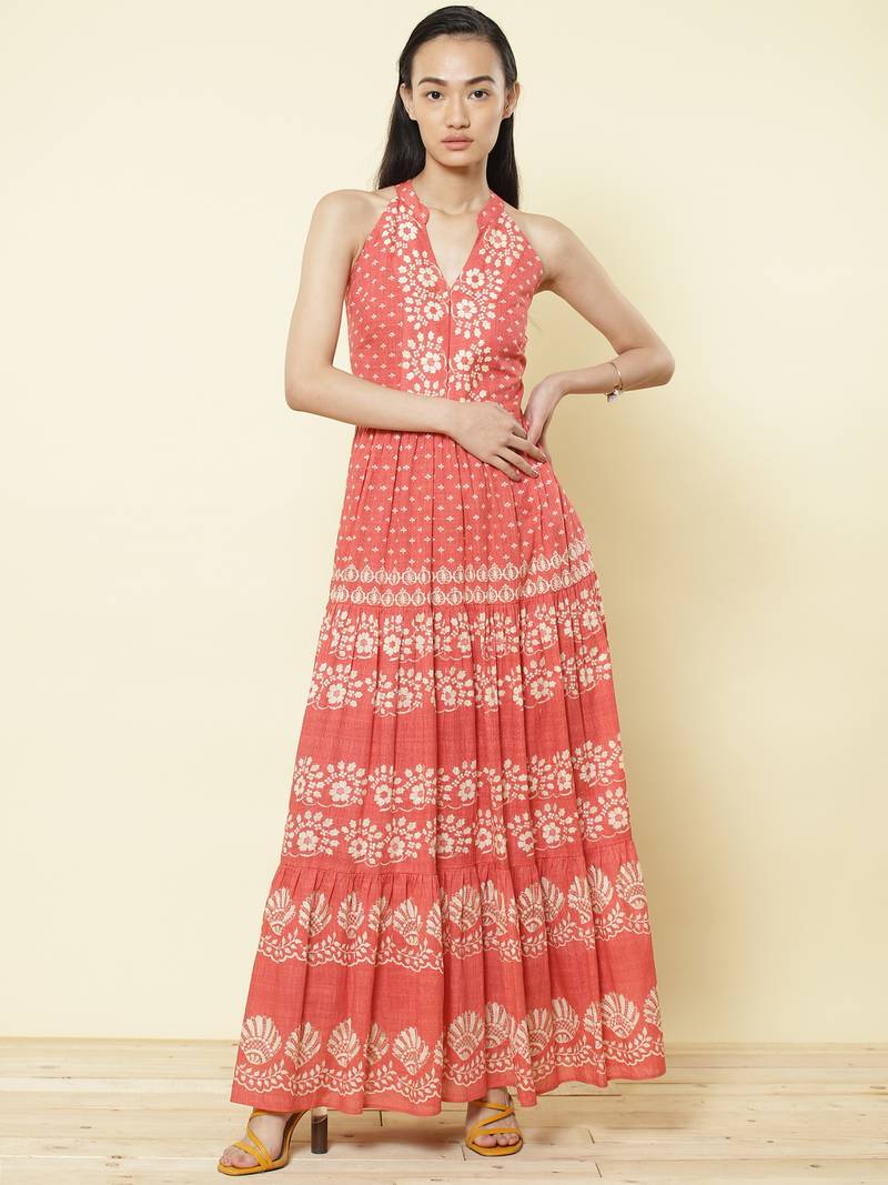 Halter Neck Printed Long Dress