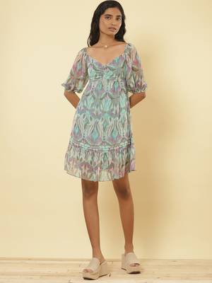 Sweetheart Neck Half Sleeves Printed Short Dress 1