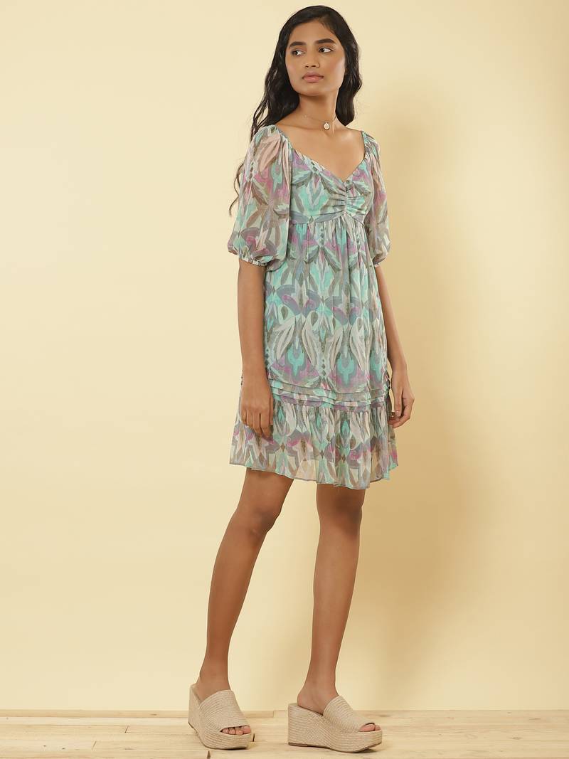 Sweetheart Neck Half Sleeves Printed Short Dress