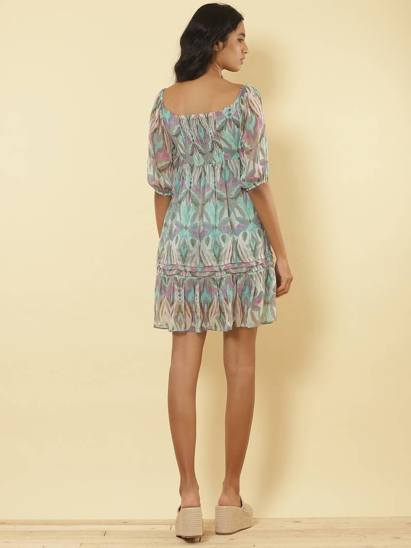 Sweetheart Neck Half Sleeves Printed Short Dress