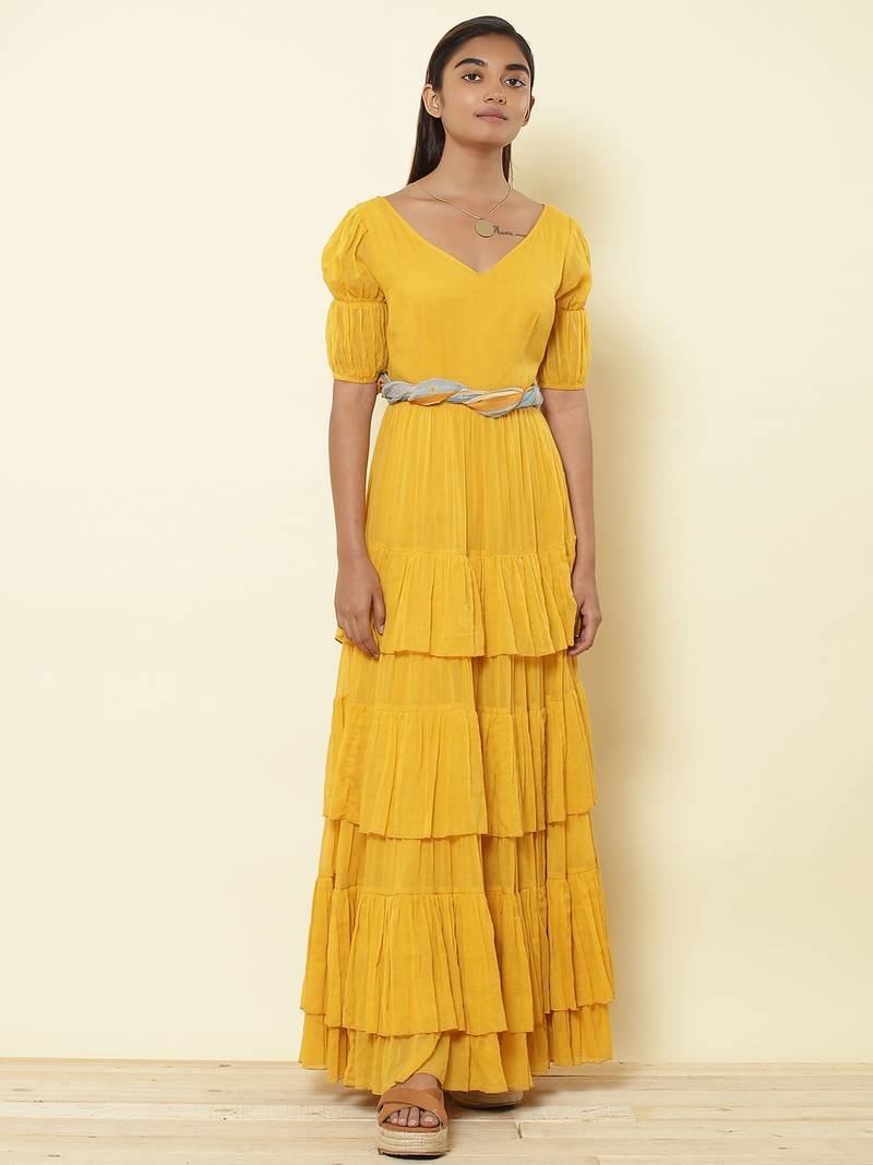 V Neck  Half Sleeves Solid Long Dress