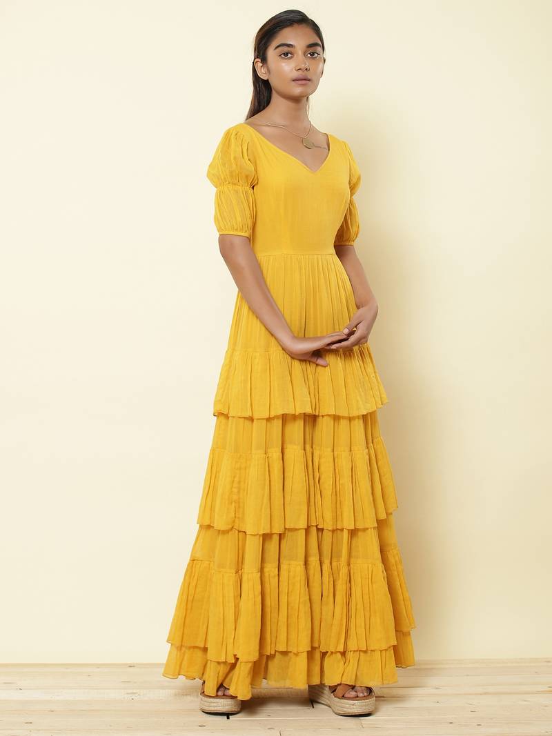 V Neck  Half Sleeves Solid Long Dress