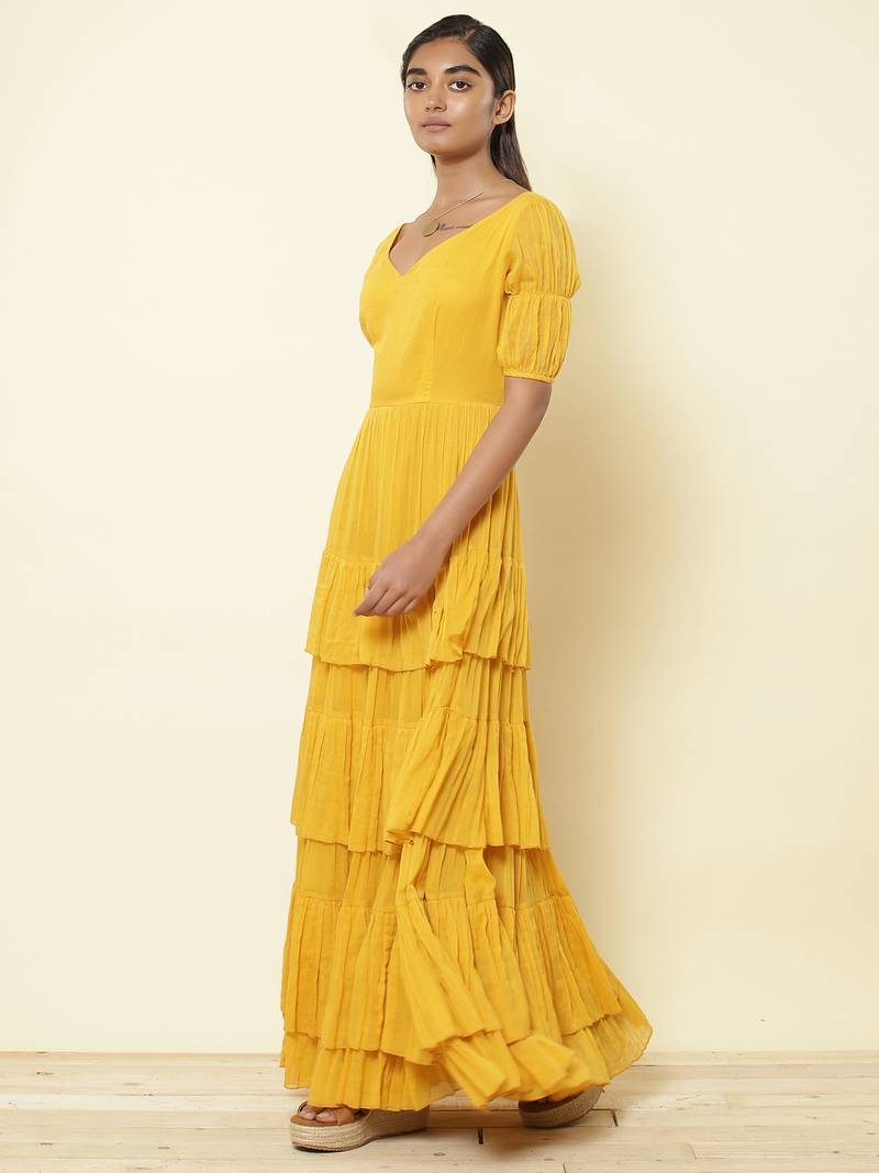 V Neck  Half Sleeves Solid Long Dress