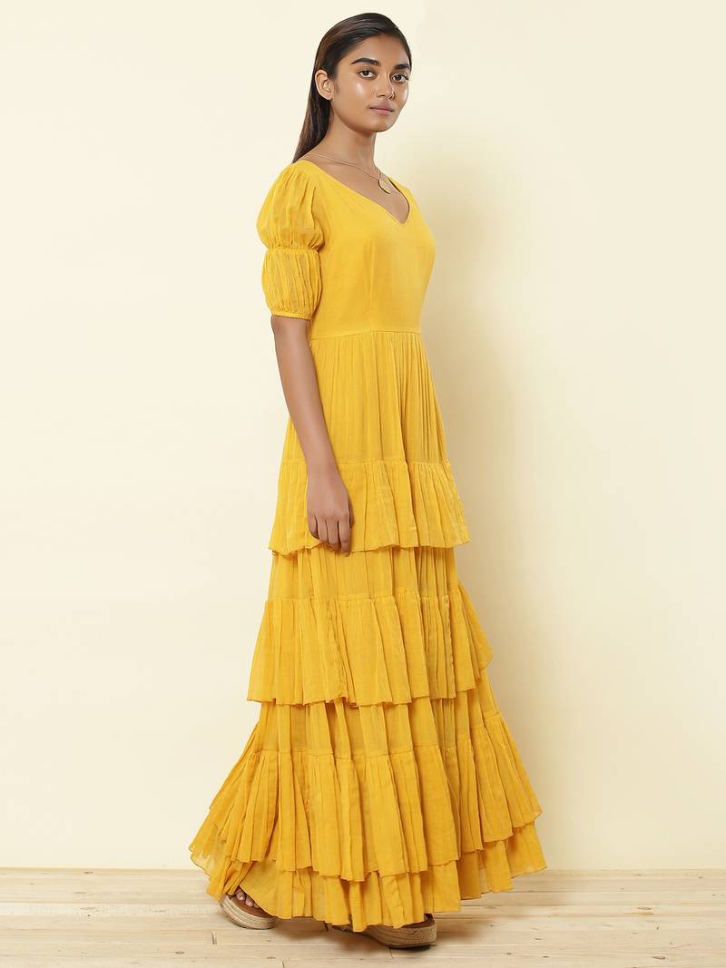 V Neck  Half Sleeves Solid Long Dress