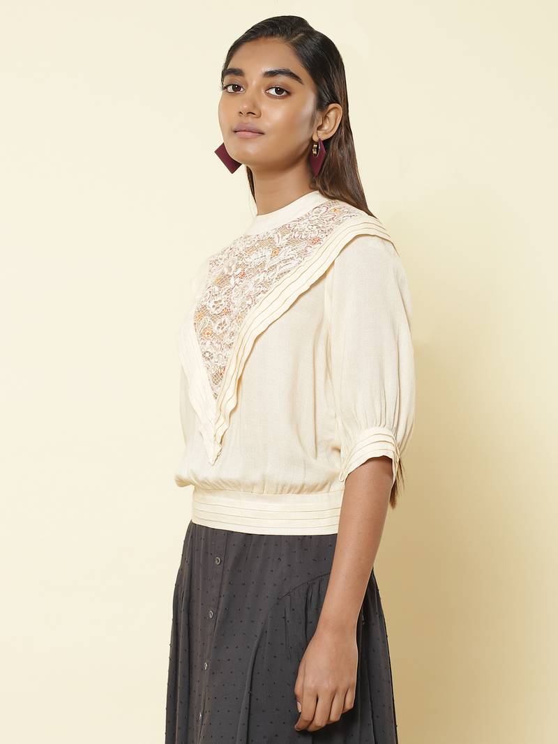 Band Collar Half Sleeves Solid Short Top