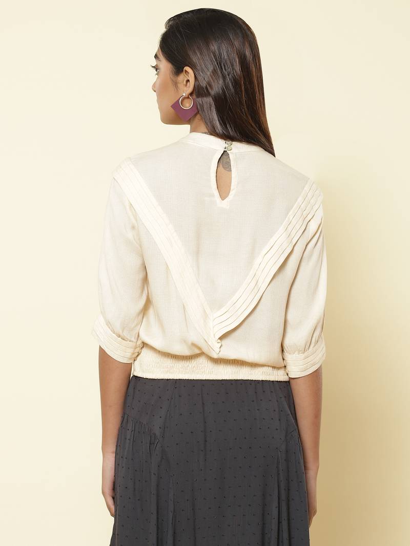 Band Collar Half Sleeves Solid Short Top