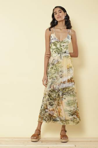 V Neck Strappy Printed Long Dress