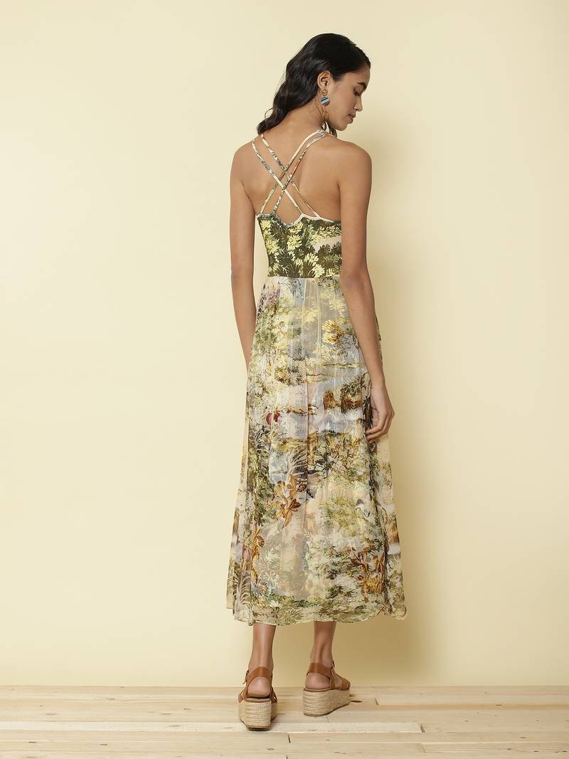 V Neck Strappy Printed Long Dress