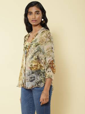 Mandrain Collar Full Sleeves Printed Shirt 3