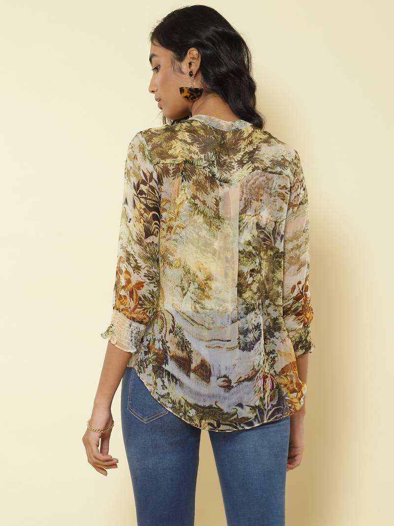 Mandrain Collar Full Sleeves Printed Shirt