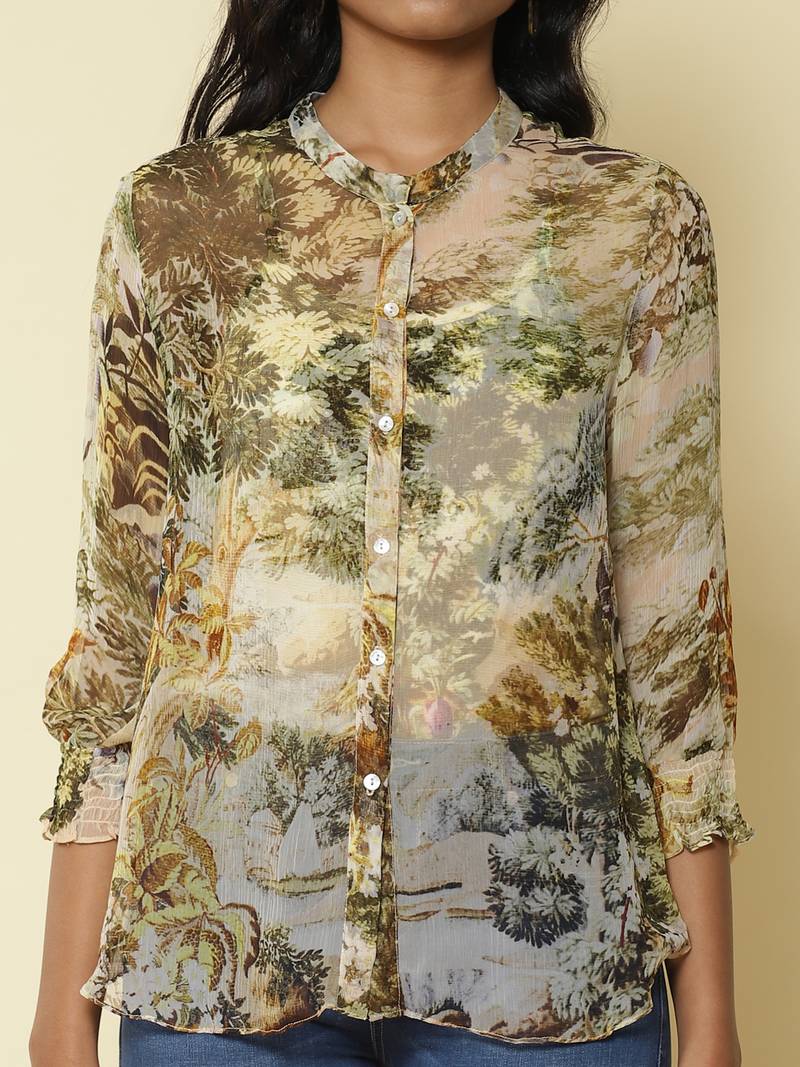 Mandrain Collar Full Sleeves Printed Shirt