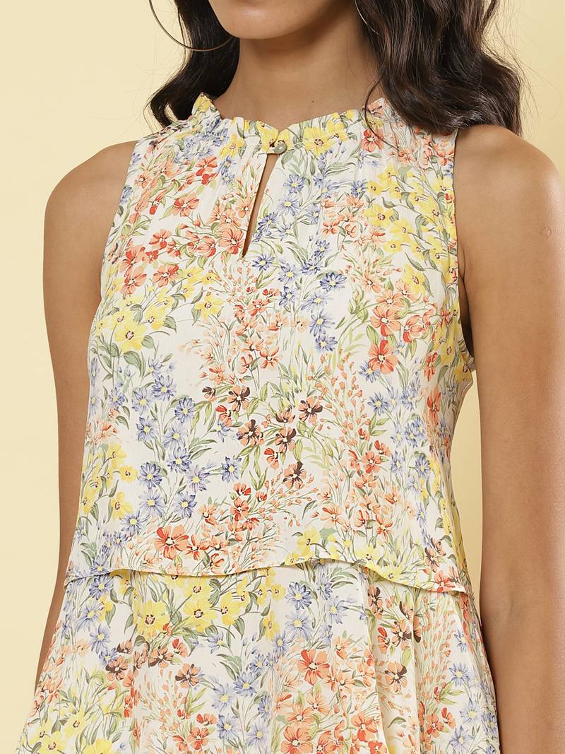 Round Neck Sleeveless Printed Short Dress