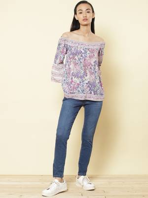 Off Shoulder Full Sleeves Printed Short Top 1