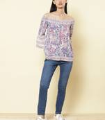 Off Shoulder Full Sleeves Printed Short Top