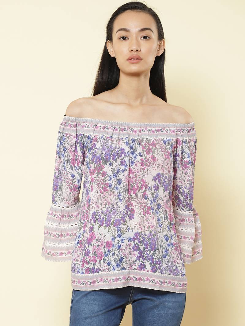 Off Shoulder Full Sleeves Printed Short Top