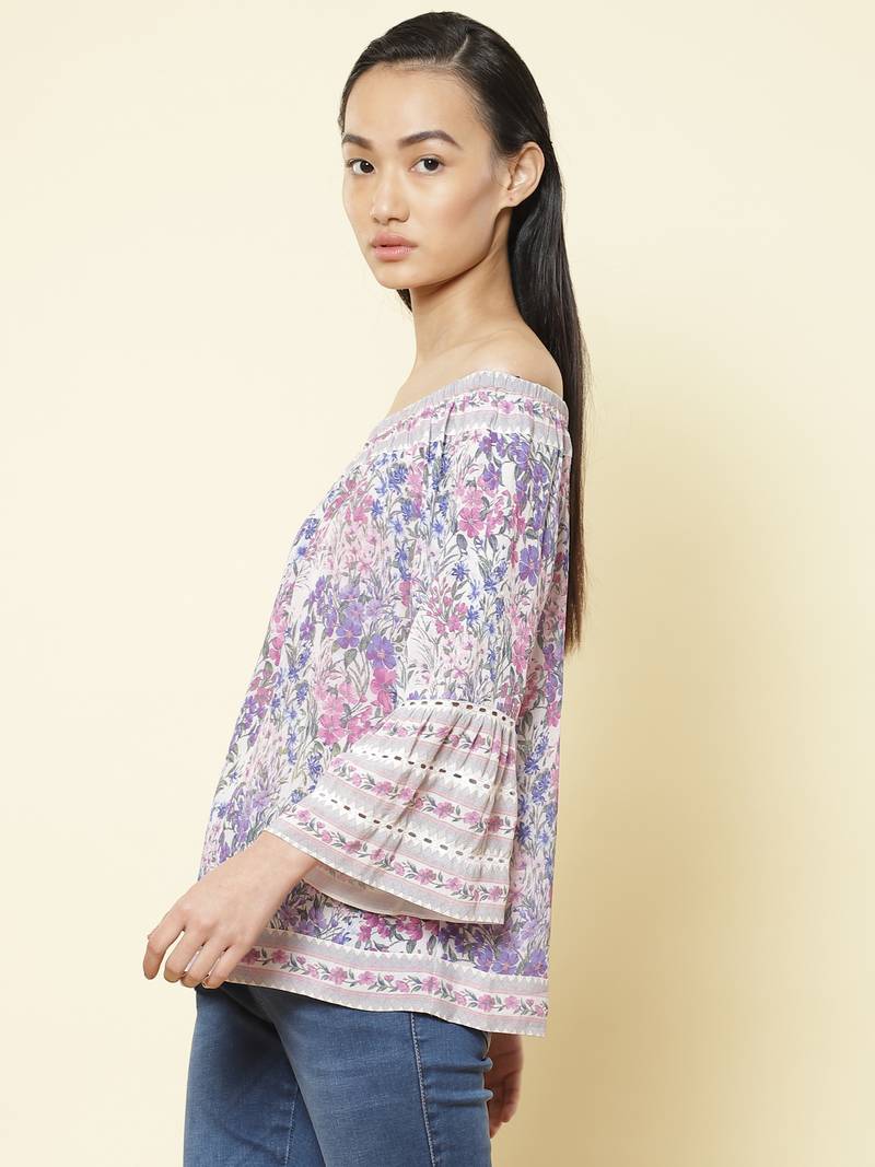 Off Shoulder Full Sleeves Printed Short Top