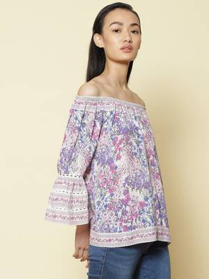 Off Shoulder Full Sleeves Printed Short Top 5