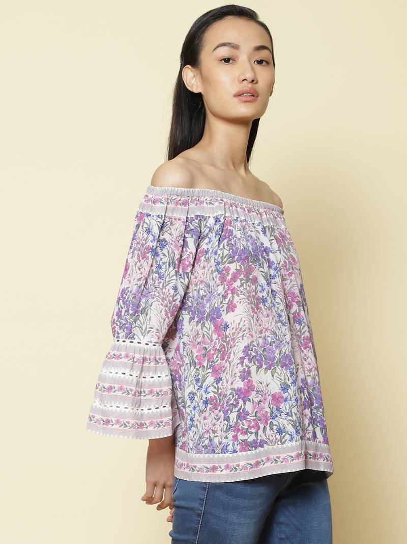 Off Shoulder Full Sleeves Printed Short Top