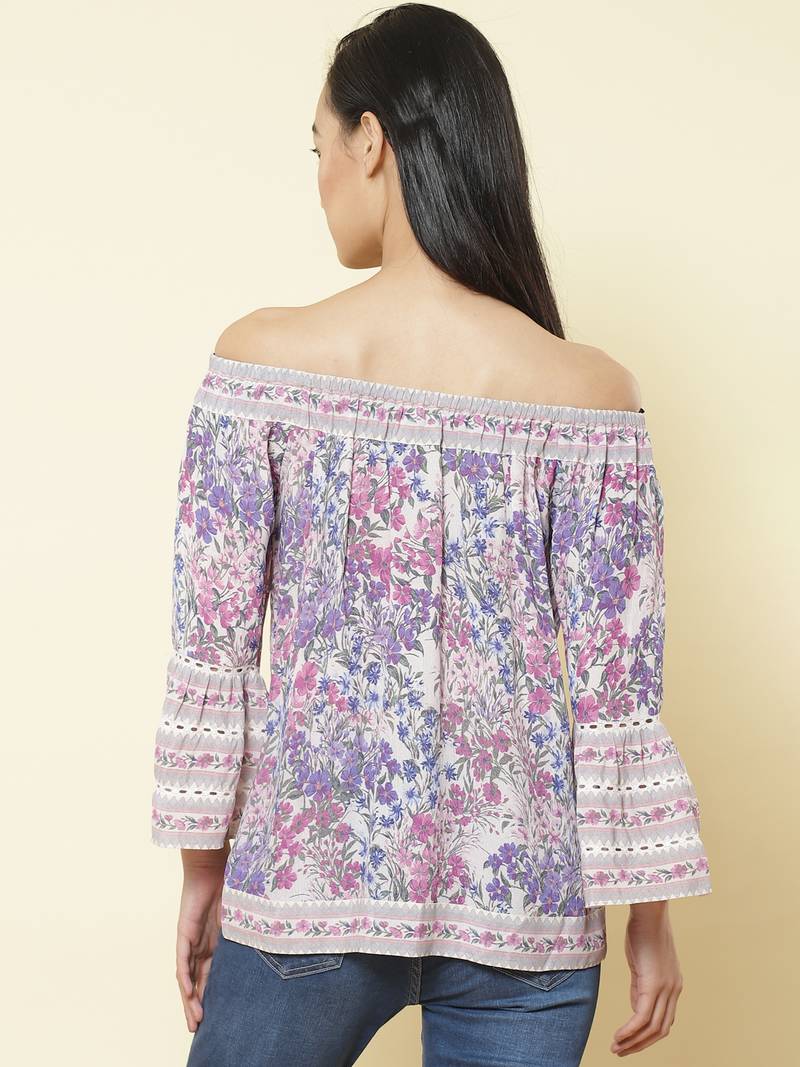 Off Shoulder Full Sleeves Printed Short Top