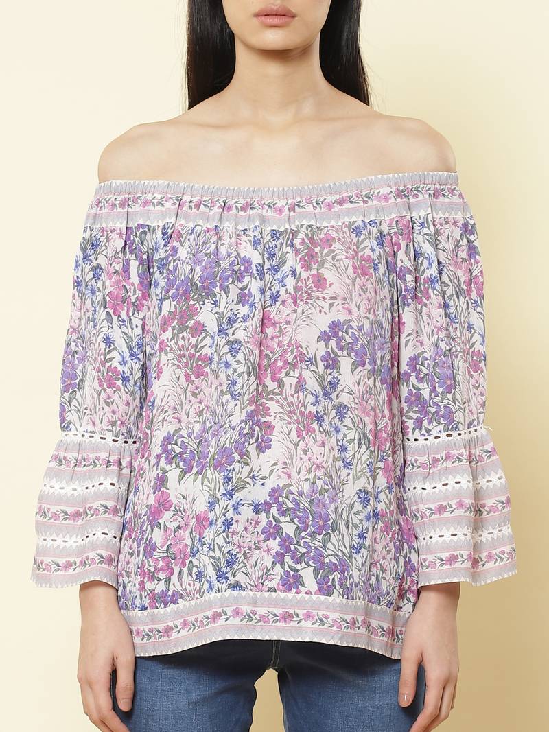 Off Shoulder Full Sleeves Printed Short Top