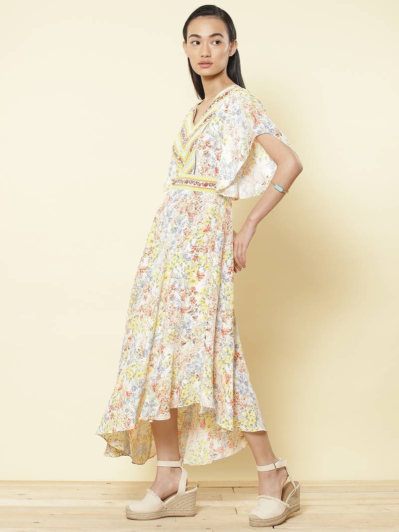 V Neck Half Sleeves Printed Long Dress